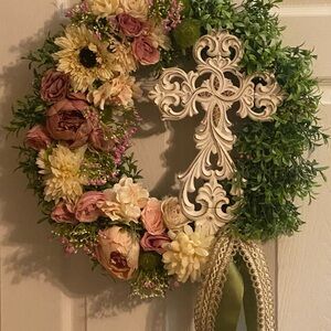 Floral Wreath with Decorative Cross - Cream and Green